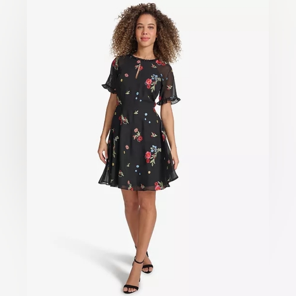 NWT Size 12 Kensie Black & Multi Embroidered Chiffon Back Cutout A Line Dress - Picture 4 of 9